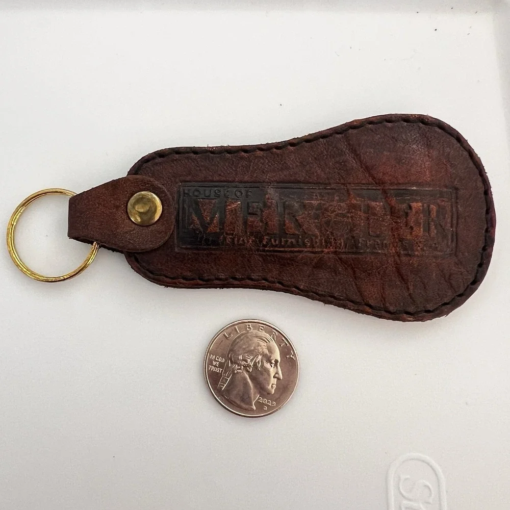 Vintage HOUSE OF MERGLER Genuine Leather Keychain Pendant Brown Bag Charm Ohio - Picture 7 of 7